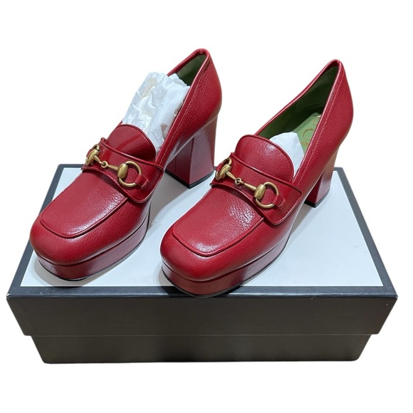 Gucci Goatskin Houdan Mid Heel Platform Loafers Hibiscus Red - Picture 2 of 9